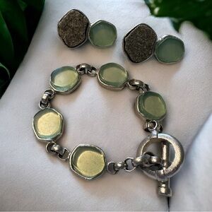 Designer ROXANNE ASSOULIN Pale Apple Green & Silver Plated Bracelet & Earrings